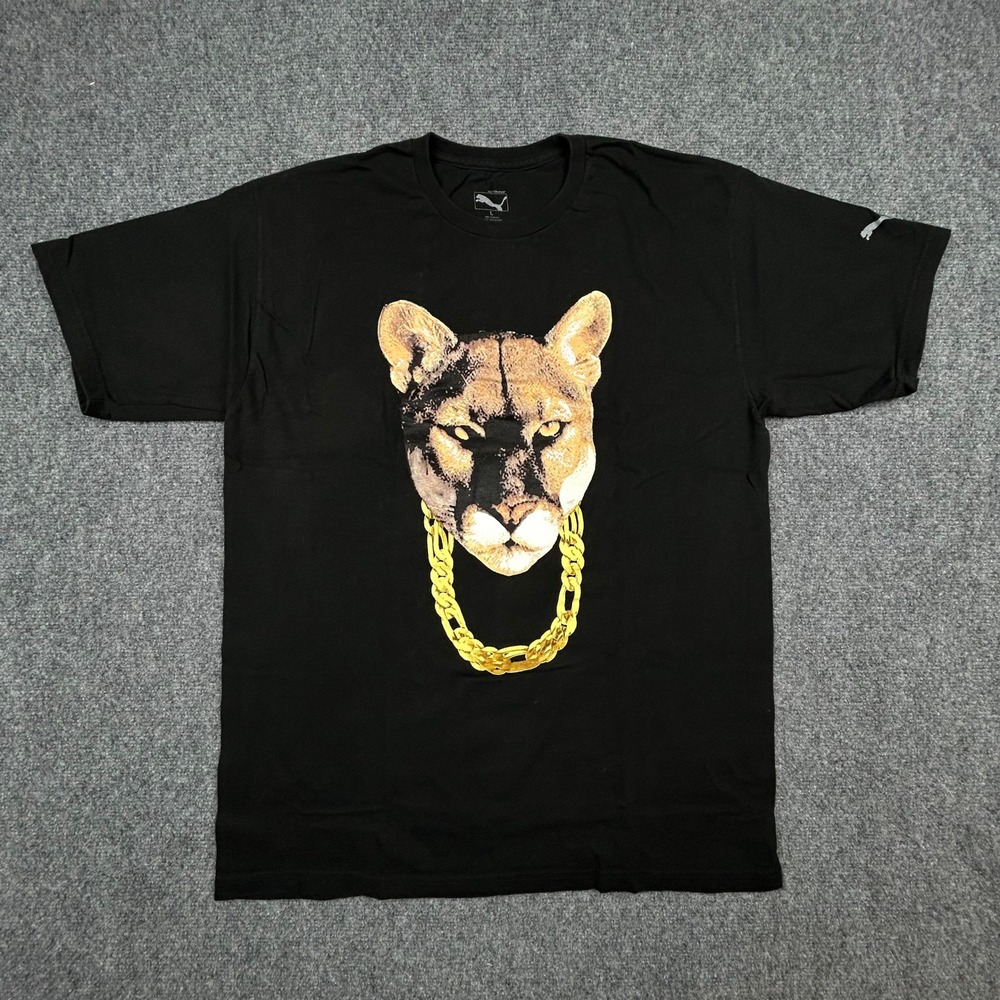 Puma T-Shirt Mens Large Black Cougar Gold Chain Graphic Short Sleeve Cotton Tee